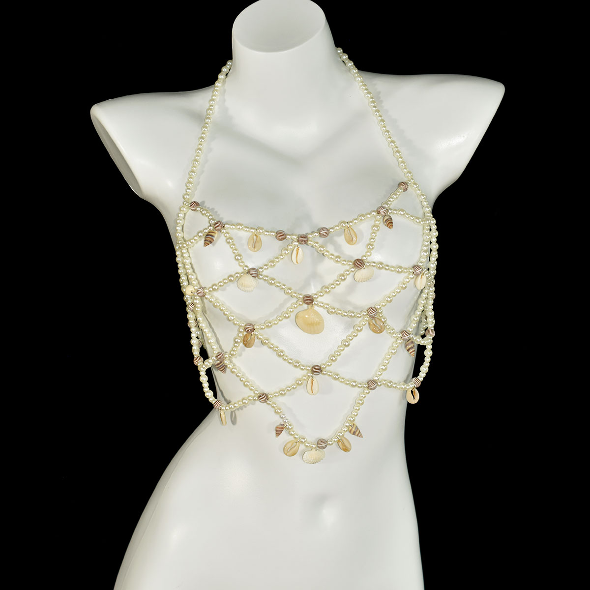 Body Jewelry Retainers - ชุดกระโปรงบราไข่มุกเทียมแฟชั่น พร้อมเครื่องประดับร่างกายรูปเปลือกหอย ปลาดาว และหอยสังข์ สำหรับงานปาร์ตี้ชายหาด ชุดบิกินี่สำหรับผู้หญิง