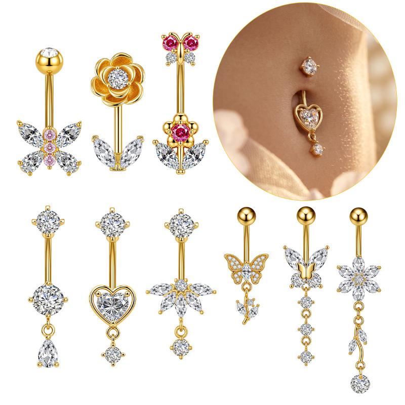 Body Jewelry Belly Button Rings - 1 ชิ้น แหวนเจาะสะดือประดับเพชรเซอร์คอน วัสดุสแตนเลสคุณภาพสูง รูปทรงผีเสื้อและดอกไม้ ป้องกันการแพ้