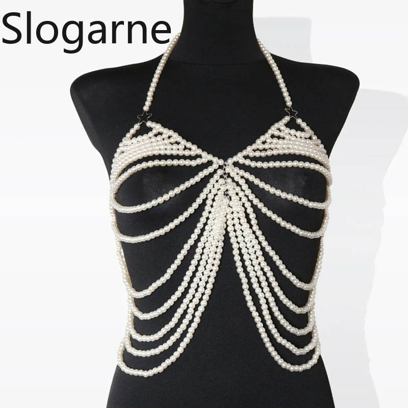 Body Jewelry Europe - สร้อยคอไข่มุกเซ็กซี่สำหรับผู้หญิง สไตล์ยุโรป ผ้าคลุมไหล่ไข่มุก สร้อยคอแฟชั่น ทำมือ สร้อยคอประดับหน้าอก