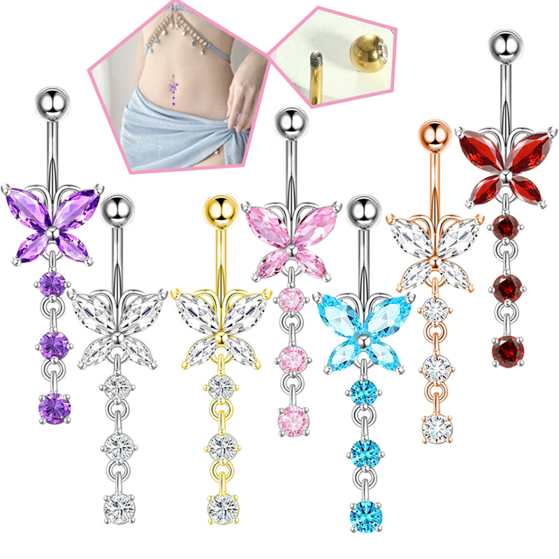 Body Jewelry Belly Button Rings - แหวนเจาะสะดือรูปผีเสื้อสีทอง 14GA ประดับดอกไม้ห้อย วัสดุสแตนเลส 316L