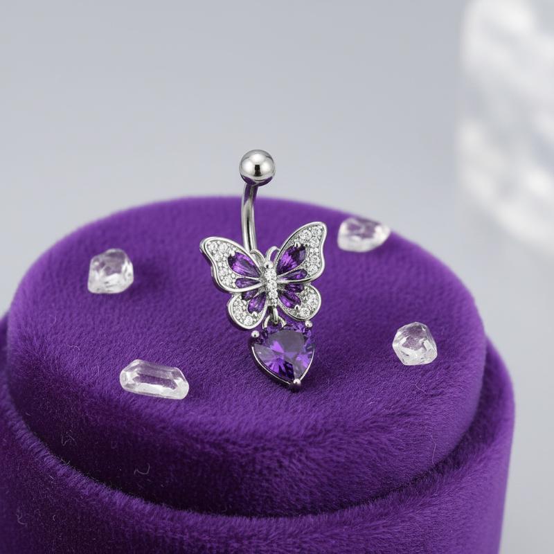 Body Jewelry Belly Button Rings - แหวนสะดือประดับเพทายสีม่วง 1 ชิ้น ทำจากสแตนเลส รูปหัวใจและผีเสื้อ แบบห้อยยาว