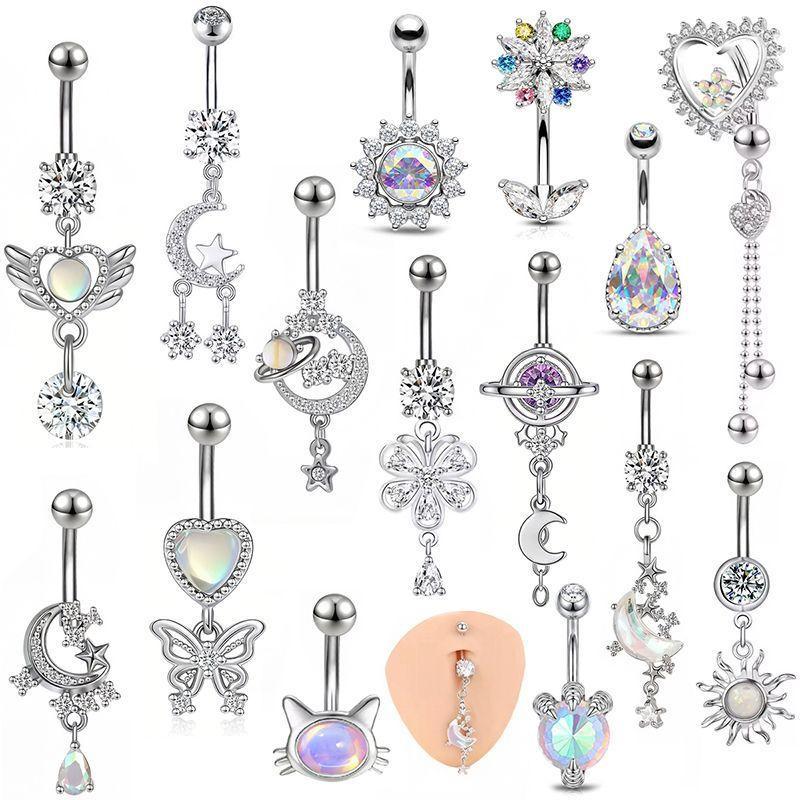 Body Jewelry Belly Button Rings - แหวนสะดือสแตนเลสสตีล Y2K สีสันสดใส ประดับเพชรซิคอน รูปดาวเคราะห์ ดวงจันทร์