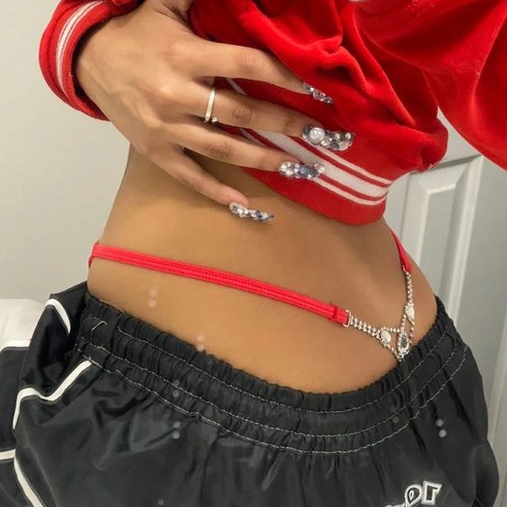 Body Jewelry Retainers - บิกินีสายหนังประดับพลอยเทียมทรงกลมสุดเซ็กซี่สำหรับผู้หญิงสามารถปรับขนาดได้กางเกงในจีสตริงคริสตัลทรงหยดน้ำสำหรับบิกินี่ชุดว่ายน้ำแบบโซ่