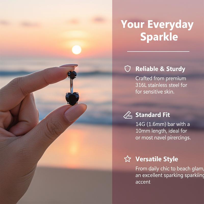 Body Jewelry Belly Button Rings - แหวนสะดือดีไซน์หัวใจเงางาม คริสตัลสีเงิน สแตนเลสสตีล เครื่องประดับเจาะร่างกายสำหรับผู้หญิง สวมใส่สบายๆ